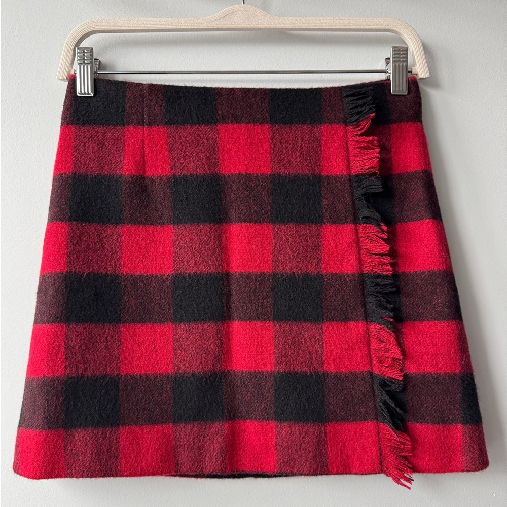 Woolrich Made in Italy Buffalo Plaid Wool Mini Skirt XS Fringe Red Black